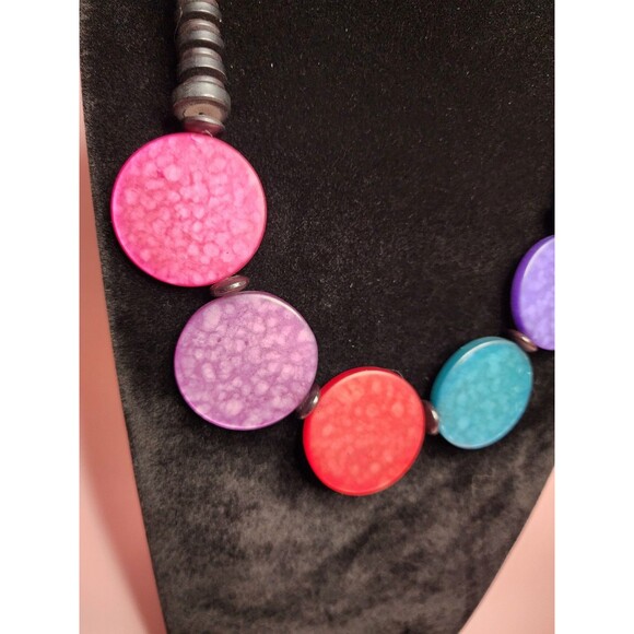 MULTICOLOR DISC BEAD SHORT BARREL CLAP CHOKER NECKLACE  BOHO RETRO COLORFUL 80'S - Picture 4 of 9
